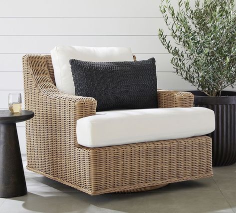 Huntington Wicker Slope Arm Swivel Outdoor Lounge Chair | Pottery Barn Swivel Patio Chairs Outdoor, Pottery Barn Outdoor Furniture, Pottery Barn Outdoor, Wicker Lounge Chair, Outdoor Swivel Chair, Lounge Chair Cushions, Wicker Patio Furniture, Outdoor Furniture Collections, Lounge Chair Outdoor