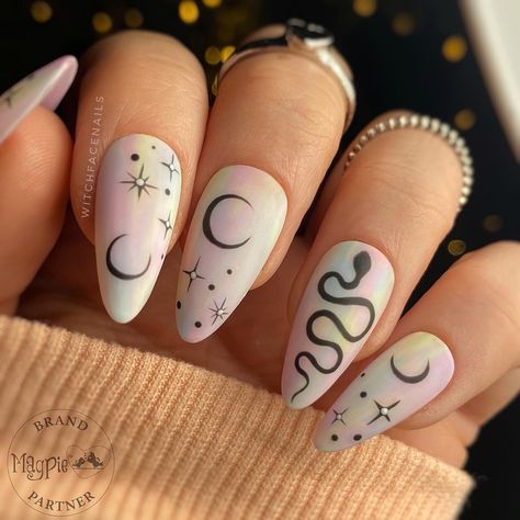 Triple Moon Nails, Pink Witchy Nails, Wiccan Nails, Pastel Goth Nails, Goth Nail Art, Nails Work, Witches Night, Witch Nails, Witchy Nails