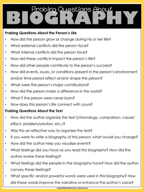 When your class studies biographies, grab this set of probing questions. Your fourth grade and fifth grade students will think more deeply about the lives of famous people. #teachingbiography Questions To Ask When Writing A Biography, Writing A Biography About Yourself, Autobiography Questions, How To Write A Biography, Autobiography Outline, Teaching Biographies, Biography Questions, Writing Biography, Biography Project Elementary