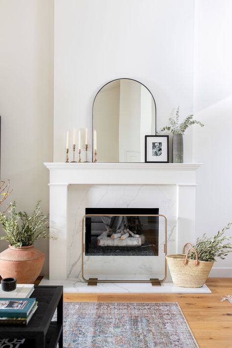 Mollyrosephoto jzinteriors littlefield 386 2 edit Studio Mcgee Mantle Styling, Rectangle Mirror Over Fireplace, Mirror Fireplace Mantle, Mirror Over Fireplace, Mirror Above Fireplace, Fireplace Styling, Mantle Styling, Fireplace Mantel Designs, Mirror Dining Room