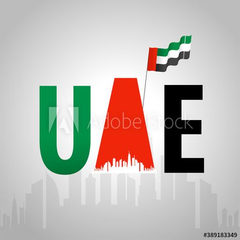 UAE Text With Wavy National Flag On Grey Silhouette Monuments Or Buildings Background. Grey, Buildings Background, Uae Flag, Flag Background, National Flag, Adobe Stock, Monument, Stock Vector, Flag