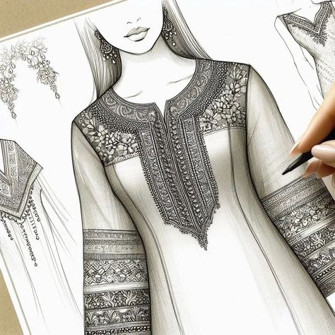 Fashion design sketch of hand embroidery kurti design .... Do you want to improve your designs? Follow them I will suggest some design books! Link 🔗 🔗 🔗 in bio 👆 👆👆 #tazhib #tezhib #arttazhib #art_islamic #zarnegar #artistofdrawing #artofpainting #painting_artist #paintdrawing #drawing #drawing #zokhrof #explore #instagram_drawing #embroideryartistsoninstagram #embroidered #embroiderysketchbook #embroiderysketching #embroiderydesigns #embroiderydesign #embroidery #drawonline #viralpost #tr... Abaya Technical Drawing, Kurti Drawing, Neck Design Sketch, Kurti Illustration, Khakha Designs, Embroidery Kurti Design, Hand Embroidery Kurti, Bride Fashion Illustration, Embroidery Sketch