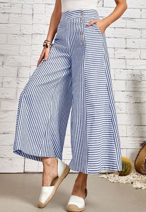 Wide Leg Pants Outfit Work, Traje Casual, Cotton Bottoms, Women Pants, Pantalon Large, Fashion Design Clothes, Wide Pants, Wedding Dress Long Sleeve, Striped Fabrics