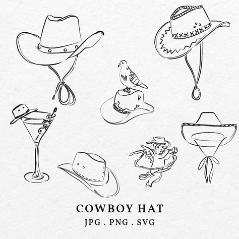 Cowboy Hat Tattoo Design, Cowboy Hat Line Drawing, Cowgirl Hat Illustration, Retro Western Wedding, Cowboy Hat Sketch, Cowboy Hat Doodle, Cowboy Hat Outline, Etsy.com Etsy, Cowboy Doodles