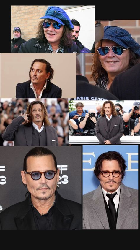 A collage of photos of Johnny Depp from 2024 arrange paparazzi photos to photos of him on the carpet with no beard and glasses Johnny Depp Collage, Pictures Of Johnny Depp, Depp Johnny, Johnny Depp Pictures, Here's Johnny, Captain Jack, Johnny Depp, Orlando, Actors