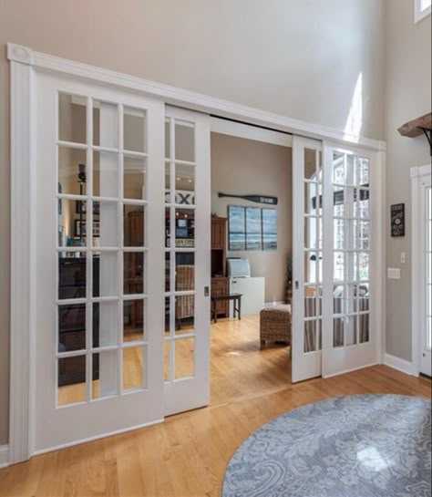 Living Room Frrnch Doors, French Sliding Door Interior, French Door Partition, End Of Hallway Focal Point, Glass French Doors Interior Office, 3 French Doors In Living Room, Double French Doors Living Room, Office Sliding Doors, 2 Sets Of French Doors Living Rooms