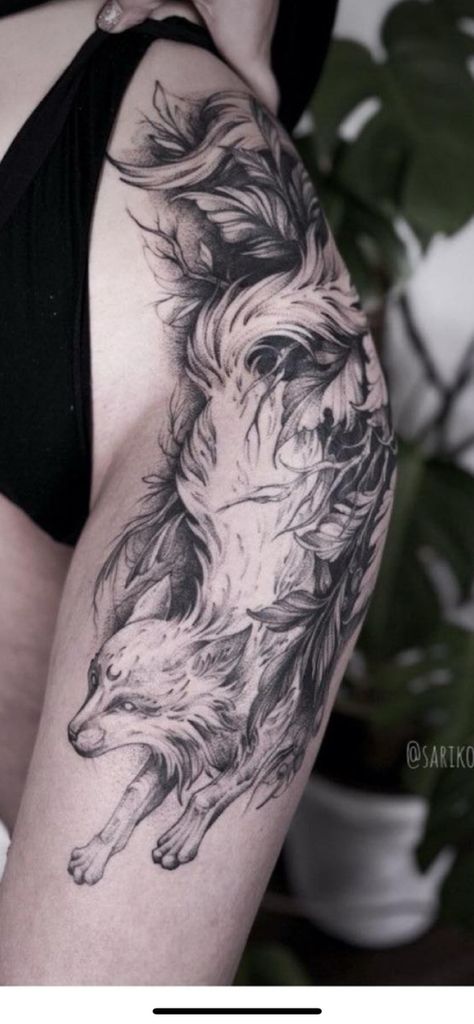 Fox Tattoo On Thigh, Thigh Fox Tattoo, Fox Leg Tattoo, Fox Tattoo Thigh, Fox Tattoo Leg, Wolf Hip Tattoo, Wolf Tattoo Leg, Fox Thigh Tattoo, Wolf Leg Tattoo