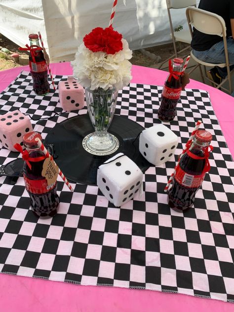 Grease Party Decorations Diy, 50s Hoco Theme, Greaser Party Theme, Grease Theme Party Ideas, Oldies But Goodies Party Theme, 50s Sock Hop Party Table Ideas, Rockabilly Theme Party, 50 Theme Party Ideas 50s Diner, 50s Birthday Party Theme 1950s Table Decorations