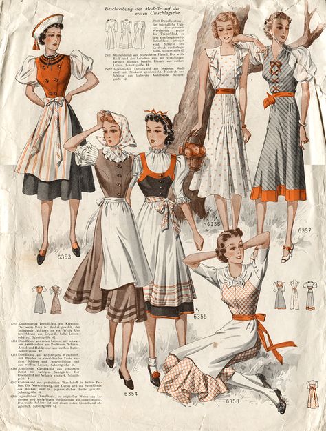 1930s dirndl inspired fashions.  Is there a commentary on the political climate we could read out of this, or is it just fun with dirndls? Austrian Clothing, Austrian Clothes, 1938 Fashion, Sound Of Music Costumes, Women Template, Vintage Fashion 1930s, 1930 Fashion, Fashion 30s, 40s Style