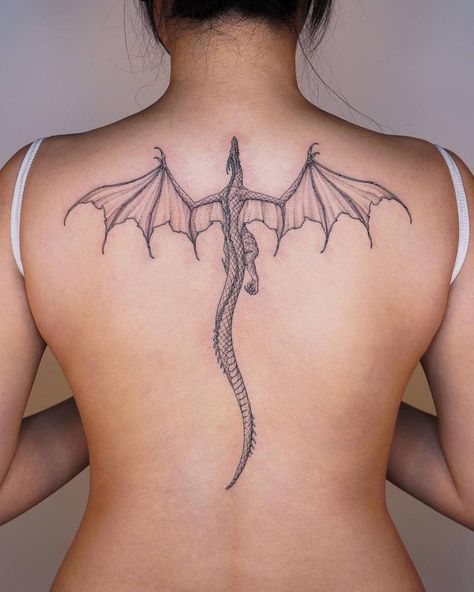 Dragon On Back Tattoo, Dragon Tattoos On Back, Dragon Spine Tattoo For Women, Dragon Sternum Tattoo Women, Back Tattoo Women Dragon, Spine Tattoos Dragon, Spine Dragon Tattoo, Realism Dragon Tattoo, Spine Tattoo Dragon