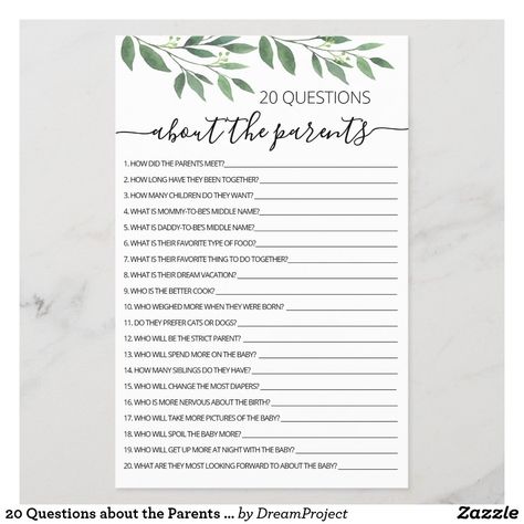 20 Questions About The Parents, Dad Jokes Baby Shower Game, Girls Birthday Games, Baby Jokes, Greenery Design, 20 Questions, Parents Baby, How Many Kids, Birthday Games