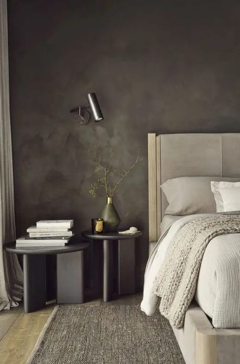 a chic contemporary bedroom with grey limewashed walls, a creamy bed and graphite grey nightstands and sconces Stone Paint, Fall Bedroom, Bedroom Designs, Kitchen Designs, My New Room, Decoration Design, New Room, 인테리어 디자인, 2023 2024