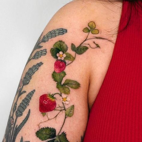 Strawberry Chest Tattoo, Grapefruit Tattoo, Strawberry Vine Tattoo, Grape Tattoo, Fruit Tattoos, Strawberry Vine, Strawberry Tattoo, Lower Leg Tattoos, Strawberry Water