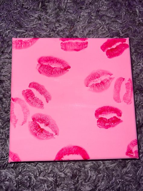 Red lipstick kisses on pink canvas Walls Painting Ideas Aesthetic, Things To Draw On A Mini Canvas Easy, Canvas Paintings For Room Decor, Easy To Draw Paintings On Canvas, Easy Painted Canvas Ideas, Y2k Easy Painting Ideas, Cute Painting Ideas For Valentines Day, Things To Draw In A Canvas, Inspo Painting Ideas Easy