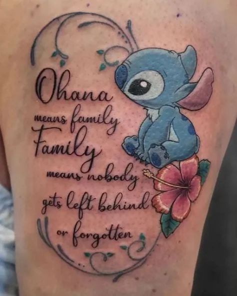 65+ Ohana Tattoo Ideas For A Warm, Welcoming Feeling Tattoo Ideas Stitch Disney Characters, Stitch Ohana Tattoo Ideas, Stitch Tatoos Ideas, Stitch Tattoo Ideas Ohana, Arm Tattoos For Women With Color, Stitch Tattoos For Women, Nice Tattoos For Women, Tattoos Ideas Flower, Ohana Tattoo For Men