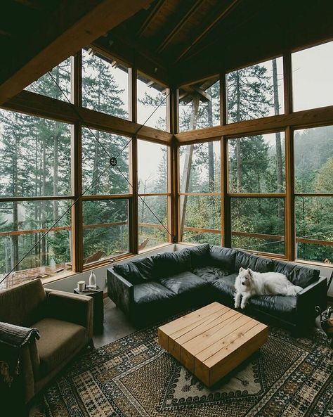 Cabin With Huge Windows Surrounded By Forest Views, Bowen Island In Howe Sound, British Columbia, Canada Vaulted Ceiling Living Room, Dining Room Cozy, White Bathroom Tiles, Forest View, Huge Windows, Big Windows, Cabin In The Woods, Row House, Forest House