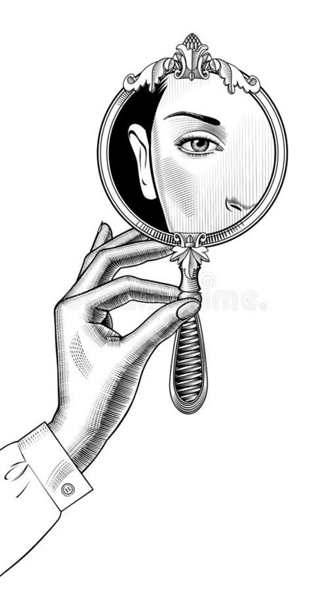 Female hand holding a round decorative mirror with a reflection royalty free illustration Confidence Illustration, Mystical Drawings, Round Decorative Mirror, Reflection Tattoo, Drawing Reference Photos, Reflection Drawing, Stylized Drawing, Mirror Tattoos, Mirror Illustration