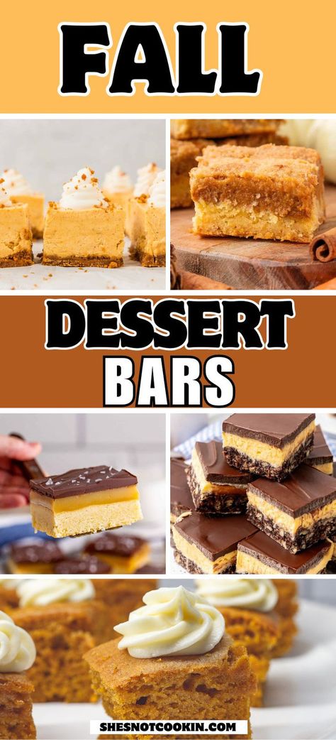 Fall dessert bars recipes photo collage with text overlay. Easy Fall Desserts For A Party, Easy Fall Bar Recipes, Pie, Easy Fall Deserts For A Party, Deserts Recipes For Dinner Party, Easy Fall Finger Desserts, Sheet Desserts For A Crowd, Best Desserts For A Crowd Parties, Easy Fall Desserts For Party