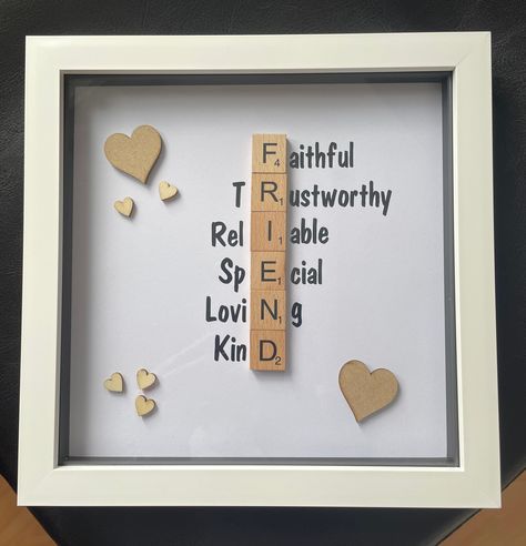 Personalised Scrabble Art, can be personalised with any names and wording. These are made in 8x8 inch box frames and are available in a choice of White, Grey, Wood or Black frame. Scrabble pieces are available in Wood or Grey. If colour is not specified they will be standard in Wood tiles. All other writing can be done in any colour of your choice but will come as standard in black. Please let me know any wording you would like and any other preferences.  If you would like to see how it will loo Scrabble Tile Crafts Diy, Scrabble Letter Crafts, Friendship Ideas, Scrabble Tile Art, Scrabble Tile Crafts, Scrabble Crafts, Box Frame Art, Scrabble Frame, Scrabble Art