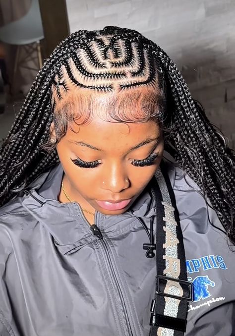 Cornrow Boho Braids Hairstyle, Knotless With Scalp Braids, Half Individuals Half Cornrows, Scalp Braids In Front Knotless In Back, Cornrows At The Front Braids At The Back, Braids On Scalp, Knotless Braids With Cornrows, Corn Roll All Back Styles, Braids In The Front Curls In The Back