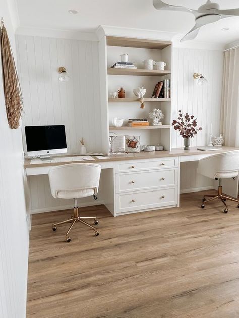 Office With Living Space, Home Office In Eves, Built In Office Desk And Cabinets For Two, 2 Work Station Home Office, Desk With Two Chairs, Living Room Designs With Office, Built In Desk Playroom, Home Office Built In Desk For Two, Desks Built Into Wall