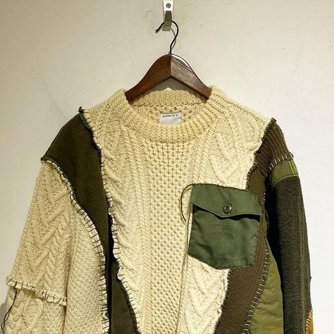 Remake_by_Yi on Instagram: "Patchwork Knit Sweater  Sold out  (Vintage military uniform , Vintage Fisherman Sweaters）  Remade sweater series products launched last winter have been well received since they were launched. I use fisherman sweaters and military vintage to remake. The size is very loose. Every stitching is hand-stitched.  Each piece is unique and cannot be copied." Upcycled Sweaters Ideas, Patchwork Knit Sweater, Patchwork Sweater Diy, Sweater Upcycle Diy, Upcycling Sweaters, Clothes Remake, Fisherman Sweaters, Reworked Sweater, Vintage Military Uniforms