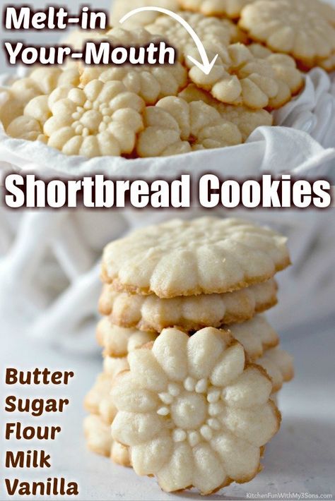 This easy to make Shortbread Cookies recipe creates the cutest cookies, perfectly sweet and full of buttery flavor. This is just the right cookie to pair with a cup of tea, coffee, or hot cocoa. Dust them with powdered sugar or serve with strawberry or raspberry jam for extra sweetness. Best Shortbread Cookie Recipe, Cookie Press Recipes, Best Shortbread, Best Shortbread Cookies, Shortbread Cookies Recipe, Spritz Cookie Recipe, Banana Chocolate Chip Cookies, Almond Joy Cookies, Classic Cookies Recipes