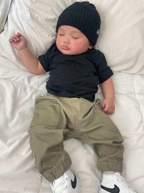 nike blazers with green cargos black tee and black beanie baby outfit Boy Baby Outfits Stylish, Stylish Baby Boy Outfits Summer, 3 Month Old Outfits Boys, Classy Baby Boy Outfits, 6 Month Baby Outfits Boys, Cute Baby Boys Pics, Baby Boy Fits Summer, 6 Month Boy Outfits, Summer Baby Boy Outfits Newborn