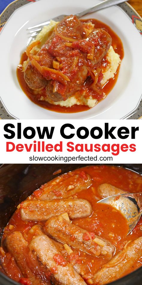 Hearty beef sausages cooked in a slightly sweet and spicy tomato sauce. Crockpot Stews, Slow Cooker Sausage Recipes, Sausage Crockpot Recipes, Sausage Slow Cooker, Slow Cooker Sausage, Crockpot Express, Sausage Dishes, Spicy Tomato Sauce, Air Fryer Recipes Easy