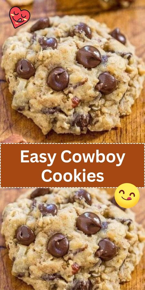 Packed with oats, chocolate chips, coconut, and pecans, these chunky cowboy cookies are rugged and loaded with texture. They're just the right mix of chewy and crispy to satisfy any cookie lover. Best Cowboy Cookies, Cowboy Cookies Recipe, Cowboy Cookie Recipe, Cowboy Cookies, Sour Cream Chicken, Easy Cookie Recipes, Easy Cookies, Classic Food, Cookies Recipe