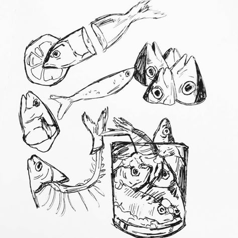 Fish Drawings Aesthetic, Creepy Fish Drawing, Fish Drawing Abstract, Ink Fish Drawing, Fish Head Illustration, Cool Fish Drawings, Fish Sketch Drawing Simple, Fish Bowl Sketch, Fish On A Plate Drawing