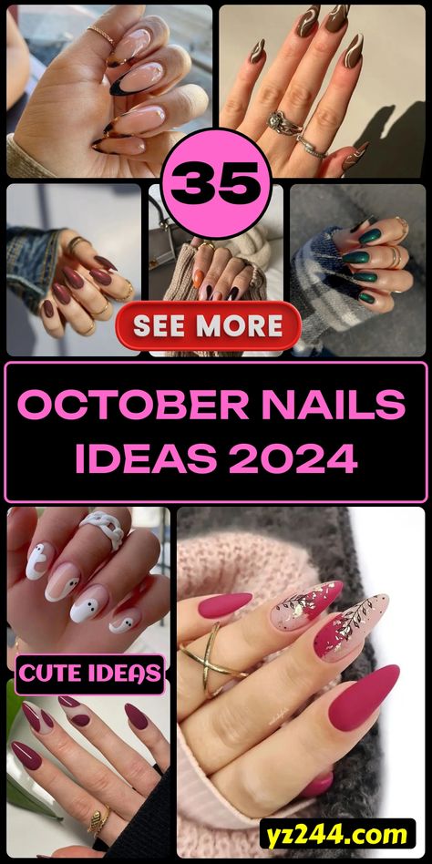 35 Stunning October Nails Ideas to Try This Fall Gel October Nails, Almond Nails October 2024, October Birthday Nail Ideas, Fall Nail Designs Almond Shape Short, Fall Graduation Nails, October Coffin Nails, October Shellac Nails, October Nail Art Designs, October Vacation Nails