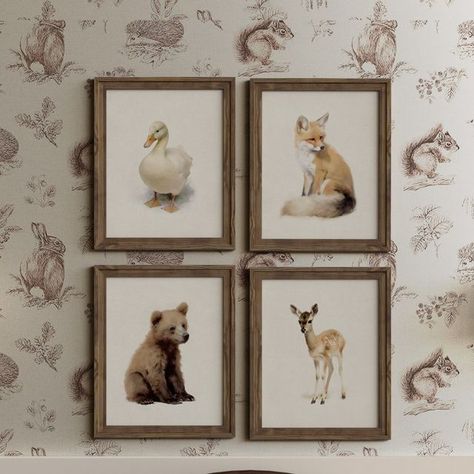 TheCrownPrints.com | Jenny Kun on Instagram: "🤎 My new vintage-inspired baby animal artwork in a cozy, traditional nursery room. So far, I've created a duck, fox, bear, deer, rabbit and red squirrel ... what else should I add to the collection?" Traditional Nursery, Animal Artwork, Red Squirrel, A Duck, Animals Artwork, New Vintage, Baby Nursery, The Collection, Baby Animals