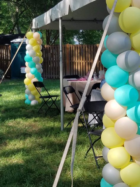 Balloon Garland On Gazebo, Balloon Garland On Tent, Balloons On Gazebo, Tent Balloon Garland, Balloon Tent Decorations, Balloons On Fence Party Ideas, Canopy Balloon Decor, Deck Balloon Decor, Tent Balloon Decorations