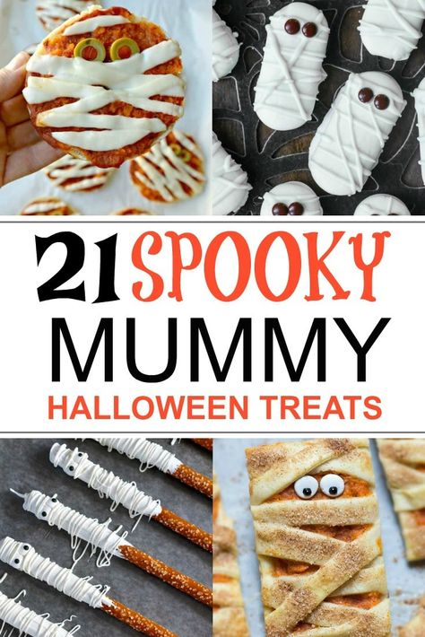 Make these easy Mummy Halloween Finger Foods for a spooktacular party. I love easy Halloween themed food that works well for kids and adults. All of these mummy food recipes are easy to make at home and they are a mix of savory and sweet finger food ideas perfect for Halloween parties. Halloween Mummy Appetizers, Mummy Themed Snacks, Mummy Theme Party, Mummy Themed Food, Mummy Party Ideas, Egyptian Themed Party Food, Halloween Mummy Food, Halloween Finger Food Ideas For Parties, Mummy Appetizer