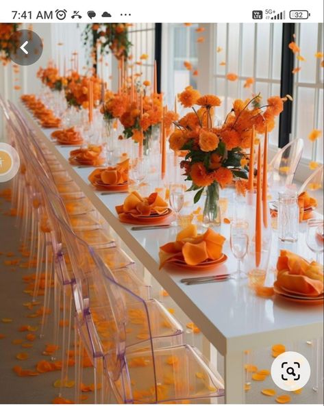 Yellow And Orange Theme Party, Tangerine Wedding Decor, Orange Theme Table Setting, Shades Of Orange Party Decor, Red Orange And White Wedding, Orange Dinner Party Decor, Orange Flowers Decoration, Tangerine Wedding Theme, Bright Orange Wedding Theme