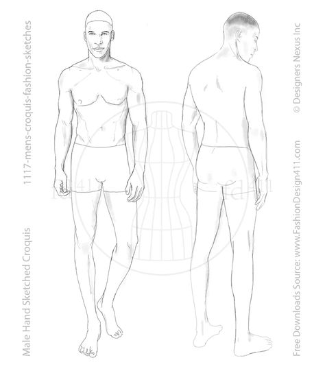 This hand-drawn fashion croquis portrays an adult male figure in a front view walking pose and a back view standing pose. Male Body Design, Man Template Drawing, Men Croquis Templates, Male Croquis Poses Fashion Illustrations, Men Fashion Illustration Template, Mens Croquis, Men Croquis, Fashion Croquis Templates, Male Croquis