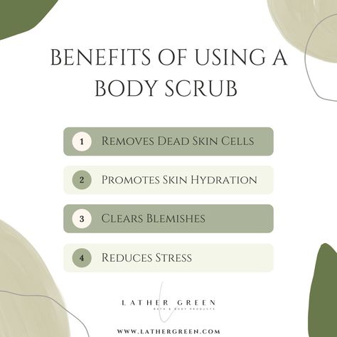 ✨Benefits of using a Body Scrub✨ Visit www.lathergreen.com for more information #scrub #bodydetox #softskin #bodyoil #bodysugaring #exfoliateyourskin #organicskincare #dryskin #skincareroutine #sensitiveskin #skinhealth #cleanskincare #healthyskincare #cleanskin #skincaretip #skincareproduct #skinlove #hydratedskin #skinhydration #beautyregimen #glowingskincare #sugarscrub #facescrub #skinessentials #brighterskin #evenskintone #dehydratedskin #lathergreen Benefits Of Body Scrubs, Body Scrub Benefits, Massage Therapy Quotes, Waxing Tips, Skin Facts, Skin Essentials, Glowing Skincare, Body Detox, Body Bars