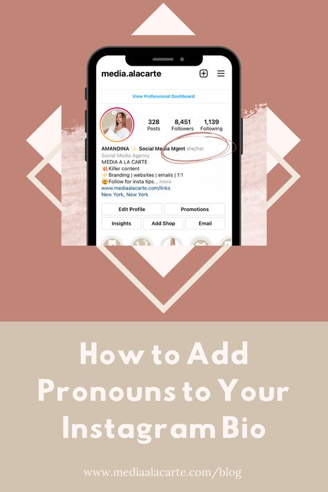 iPhone displaying Media A La Carte's Instagram profile that has been updated with pronouns. Text that reads "How to Add Pronouns to Your Instagram Bio". Link that reads "www.mediaalacarte.com/blog". Pronouns Instagram Bio, Cool Pronouns For Ig, Funny Pronouns For Instagram Bio, Ig Pronouns Ideas, Aesthetic Pronouns For Instagram Bio, Pronouns Ideas For Instagram Bio, Instagram Pronouns Ideas Aesthetic, Insta Pronouns Ideas, Pronouns For Instagram