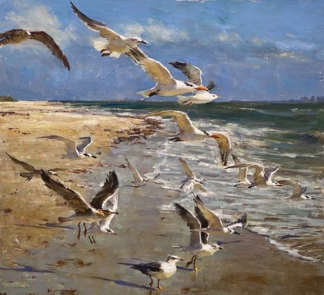 Sanibel Seagulls by Derek Penix, 33 x 36 Beach Scene Painting, Shore Birds, Seagulls Flying, Painting Competition, Hur Man Målar, Textured Canvas Art, Sea Painting, Art Competitions, Sunset Painting