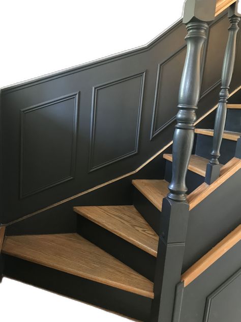 Black Panelling Stairs, Unusual Staircase Ideas, Stairs Black And Wood, Wayne’s Coating Stairwell, Black Wanescoting, Wood Paneling Staircase, Stairs Renovation Ideas, Staircase Renovation Ideas, Decoration Cage D'escalier