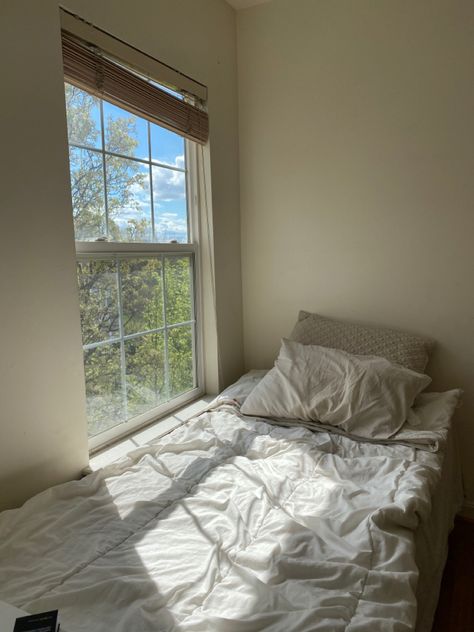 Bed By The Window Aesthetic, Bed In Front Of Window Aesthetic, Bed Window Aesthetic, Bed Under Window Small Room, Bed Near Window Ideas, Bed By Window Ideas, Single Bed Aesthetic, Bed Next To Window, Bed By Window