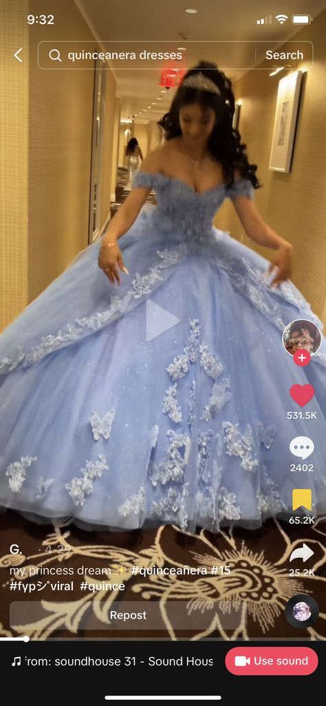 Light Blue And Gold Quinceanera Dress, Periwinkle Quince, Dusty Blue Quinceanera Dresses, Light Blue Quinceanera Ideas, Quinceanera Inspiration, Sweet 16 Cinderella Theme, Blue Quinceanera Ideas, Cinderella Quinceanera Dress, Blue Quince Dress