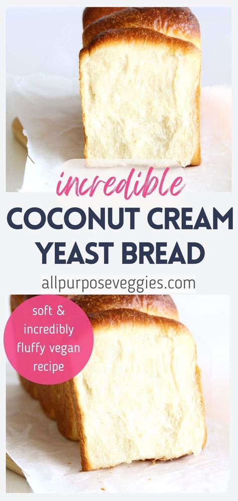 Are you looking for a really soft vegan yeast bread recipe, but don't know where to start? This incredibly tender & silky coconut cream yeast bread is the perfect homemade loaf to make for you and your family. The rich fats in the coconut cream contributes to a velvety soft bread texture and subtle coconut flavor, all without eggs, milk or butter! It’s a perfectly moist and flavorful loaf #yeastbread #sandwichbread #healthybaking #coconutcream #veganbread Vegan White Bread, Coconut Milk Bread Recipes, Vegan Coconut Bread, Coconut Cream Bread, Vegan Milk Bread, Yeast Bread Recipes Easy, Yeast Free Bread Recipes, No Egg Bread, Bread Without Milk