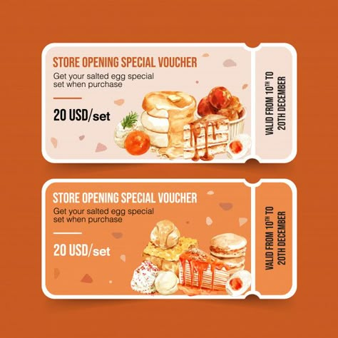 Salted egg voucher design with cake, toa... | Free Vector #Freepik #freevector #watercolor #food #design #hand Food Coupons Design, Coupon Design Layout, Coupon Graphic Design, Food Voucher Design Ideas, Food Coupon Design, Coupon Design Ideas, Discount Voucher Design, Discount Coupon Design, Voucher Design Ideas