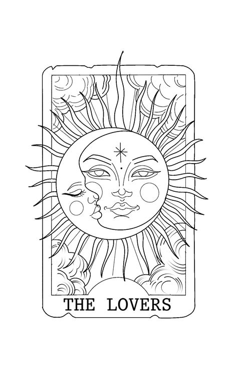 The Lovers Sun And Moon, The Lovers Tarot Card Coloring Page, The Lovers Tarot Painting, The Lovers Tarot Card Tattoo Design, Tarot Card Lovers Tattoo, Tarot Card Tattoo Outline, Tarot Tattoo The Lovers, Sun And Moon Lovers Tattoo, The Lovers Tarot Drawing