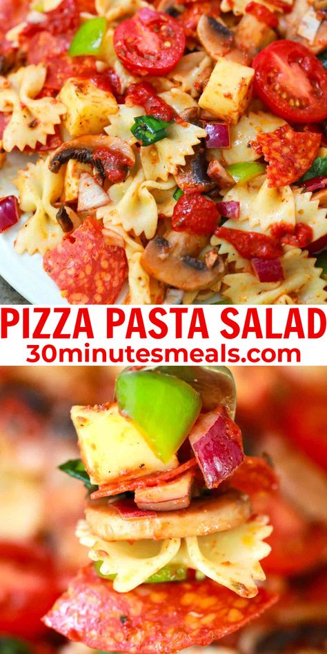 Rachel Ray Recipes Pasta, Layered Pasta Salad Recipes, Pizza Pasta Salad Recipes, Pasta Potluck Ideas, Halloween Pasta Salad Ideas, Pizza Salad Recipe, Salad To Go With Pizza, Sabbath Ideas, Pepperoni Pizza Pasta Salad