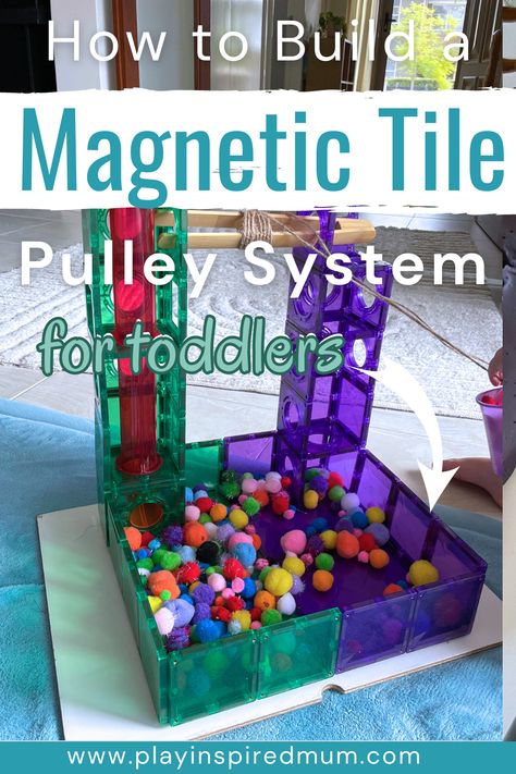 Magnetic tile pulley with pom poms Preschool Pulley Activities, Simple Machines Preschool, Magnet Stem, Simple Machines For Kids, Simple Machines Activities, Stem Preschool, Kids Stem Activities, Magnet Activities, Fun Stem Activities