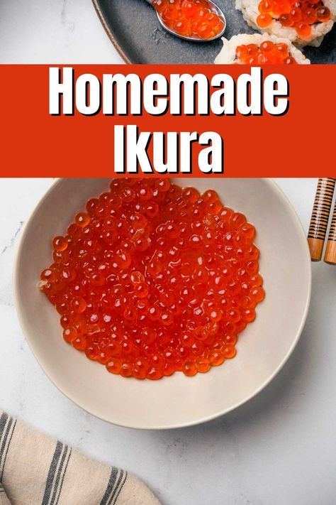 An ultra easy to recipe to make, this Ikura, or cured salmon roe, is made with just a few ingredients and is ultra decadent and fancy! Curing fresh salmon roe in a brine of dashi, soy sauce and a touch of sugar gives the ikura and amazing, umami flavor, which pairs perfect with the richness of the roe. Salmon Roe Recipes, Ikura Recipe, Thai Shrimp Salad, Sashimi Bowl, Udon Stir Fry, Salmon Caviar, Cured Salmon, Caviar Recipes, Steamed White Rice