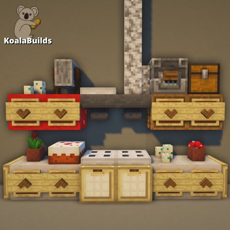 Minecraft: Cozy, cute kitchen design. Tap to see more kitchen design ideas Cute Mc Houses Easy, Bed Frame Ideas Minecraft, Kitchen Designs Minecraft, Cute Small Minecraft Kitchen, Kitchen Decor Minecraft, Cute Kitchen Minecraft Ideas, Minecraft Functional Kitchen, Cute Minecraft Living Room Ideas, Minecraft Decorations Kitchen